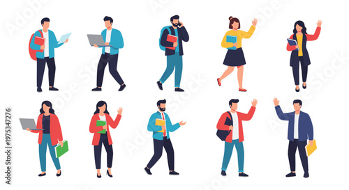 Large collection of diverse male and female students standing and walking while holding books, laptops, and waving their hands.