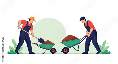 Two professional gardeners in overalls work together by shoveling soil and pushing wheelbarrows in a green garden area.