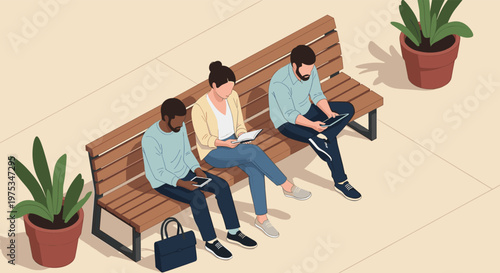 Diverse group of young people sitting on a wooden bench while using smartphones and reading a book in a modern park setting.