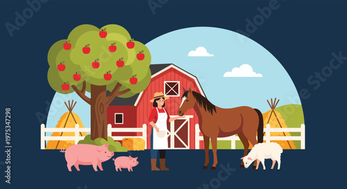 Female farmer stands in front of a red barn with a horse, pigs, and a sheep under a large fruit bearing apple tree.