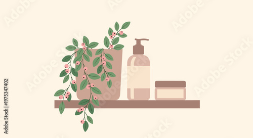 Minimalist shelf with aesthetic skin care products including a pump bottle and cream jar next to a leafy pink berry plant.