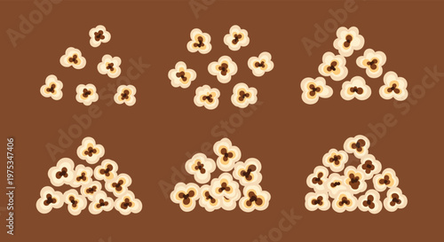 Different groups and piles of fluffy popped popcorn kernels against a solid brown background for cinema and snack themes.