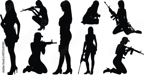 Set of black silhouettes featuring female special agents and soldiers in various tactical poses aiming assault rifles for action movie and combat designs.