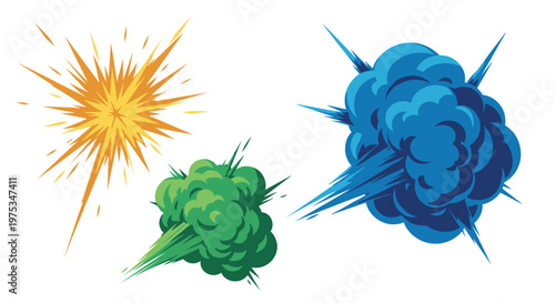 Set of three dynamic comic style explosions in yellow, green, and blue colors to represent energy and impact.