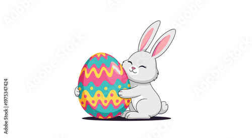 Cute grey rabbit happily hugging a large colorful Easter egg decorated with yellow, pink, and blue wavy patterns.