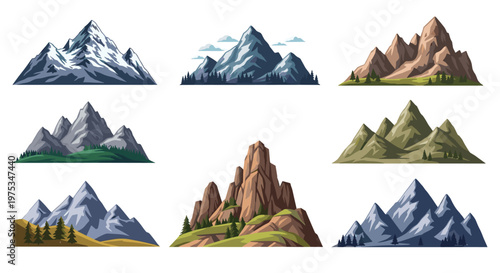 Collection of nine different mountain ranges in various styles featuring snowy peaks, rocky cliffs, and green valleys.