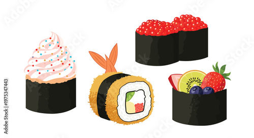 Assortment of creative sushi rolls featuring colorful toppings like whipped cream, fruit, shrimp, and red caviar.