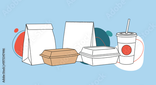 Set of blank white and brown takeout food packaging including paper bags, containers, and a drink cup with a straw.