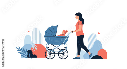 Young woman in casual clothes pushing a blue vintage style baby stroller outdoors with abstract shapes in background.
