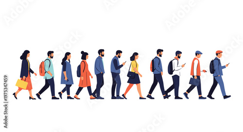 Group of diverse men and women walking in a single line while carrying bags and using their mobile smartphones.