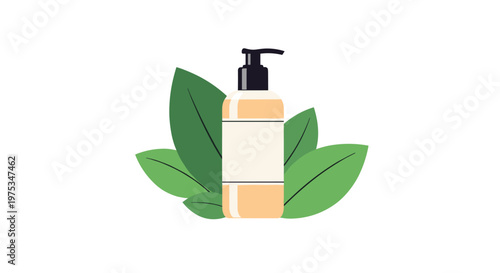 Natural cosmetic pump bottle for lotion or soap surrounded by large green leaves representing organic skin care.