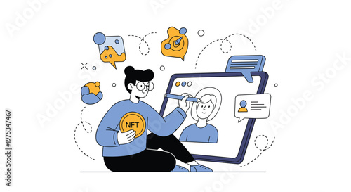 Digital artist sitting on the floor creating a character on a large tablet while holding a golden NFT coin symbol.