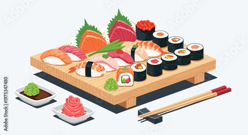 Large wooden tray filled with a variety of delicious sushi rolls, nigiri, sashimi, ginger, wasabi, and chopsticks.