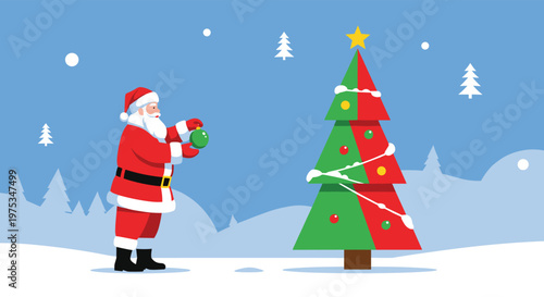 Santa Claus in a snowy landscape placing a green ornament on a stylized red and green Christmas tree with a star.