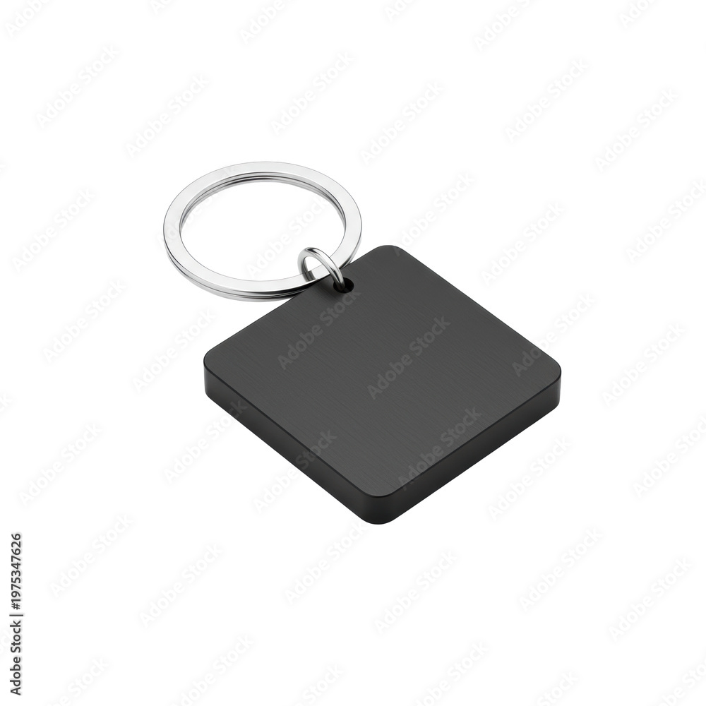 Fototapeta premium Matte black square keychain with polished silver split ring on transparent background, showcasing geometric minimalist design for professional product display