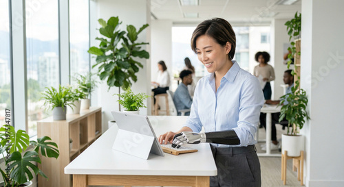Smiling Asian woman with bionic prosthetic arm working on laptop in modern bright inclusive office with colleagues