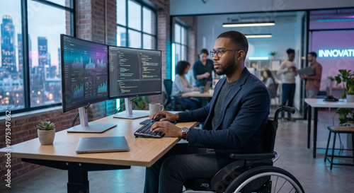 Focused African American software developer in wheelchair working on dual monitors in modern tech office at night