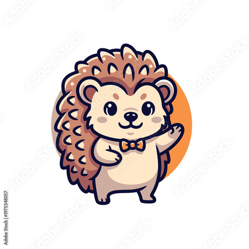 Cute cartoon hedgehog waving with a bowtie
