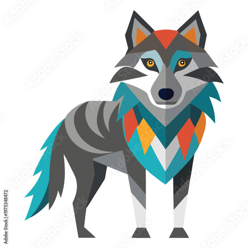 Stylized geometric wolf illustration with tribal patterns flat design art nouveau