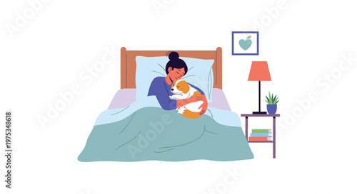 Peaceful scene of a young woman sleeping soundly in her bed while affectionately hugging her small pet dog under a cozy blue blanket.