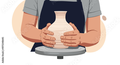 Close-up view of a potter wearing an apron and using their hands to carefully shape a wet clay vase on a rotating pottery wheel in a studio.
