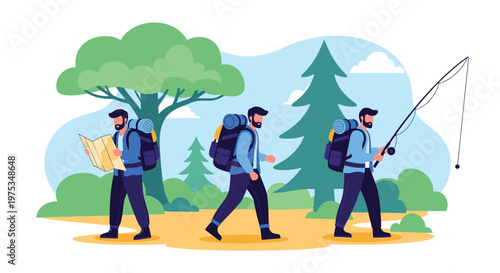 Sequence of a male hiker with a backpack exploring nature by reading a map, walking through the woods, and fishing in a lake or river.