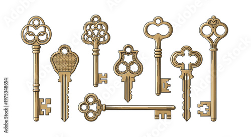 Set of ornate vintage golden keys with decorative handles and different shapes, representing mystery, security, and antique craftsmanship.