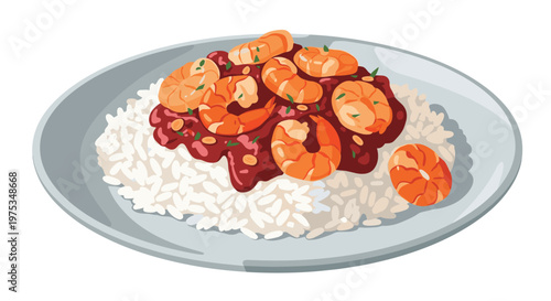 Appetizing plate of cooked shrimp in a rich red sauce served over a large portion of fluffy white rice on a light gray ceramic plate.