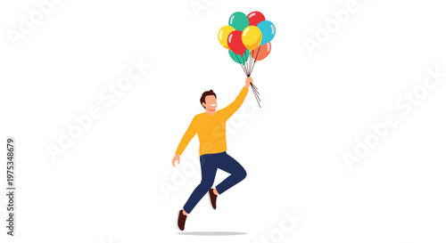 Joyful man jumping high in the air while holding a large bunch of colorful balloons, representing happiness, success, and a sense of freedom.