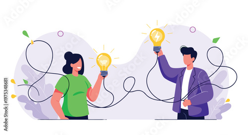 Man and woman holding glowing light bulbs connected by a long tangled wire, representing the sharing and development of creative ideas.