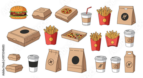 Collection of fast food items and packaging including a burger, french fries, pizza slices, coffee cups, and takeaway paper bags.