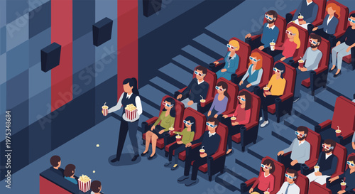 Isometric view of a crowded movie theater with people wearing 3D glasses, sitting in red seats, and a staff member serving popcorn and drinks.