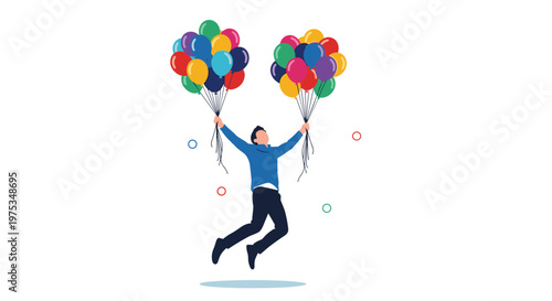 Happy man jumping high in the air while holding two large bunches of colorful balloons with confetti falling around him on a white background.