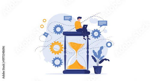 Man sitting on top of a giant hourglass while working on his laptop, symbolizing time management, productivity, and deadline pressure.