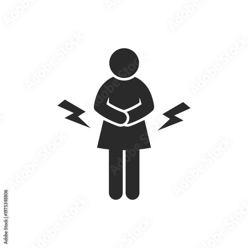 Solid icon of a woman holding her abdomen with pain symbols representing pelvic pain, menstrual cramps, and abdominal discomfort. Suitable for women health, gynecology, and medical topics.