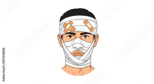 Portrait of a man with his head and face heavily wrapped in medical bandages and adhesive plasters after a surgery.