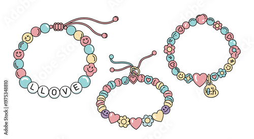 Three colorful beaded friendship bracelets with heart, smiley face, and flower charms in pastel colors on white background.