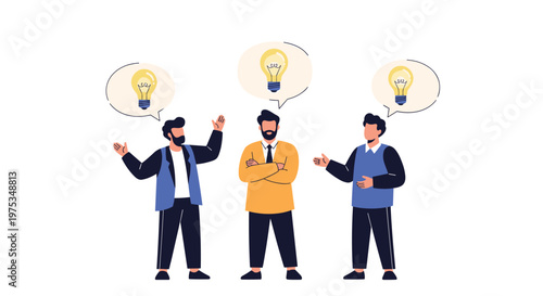 Three businessmen talking together with glowing light bulb speech bubbles above their heads representing brainstorming.