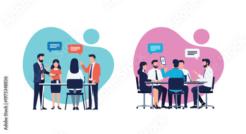 Two scenes of professional business meetings with people talking around tables and using digital tablets in office.