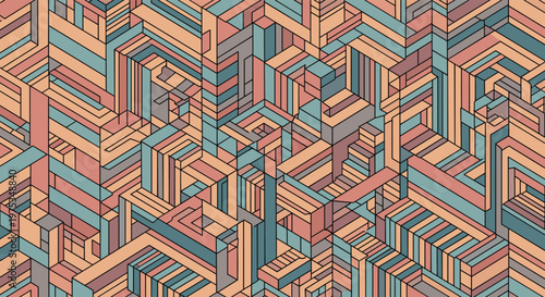 Complex abstract 3D isometric pattern of rectangular blocks in muted pink, blue, and orange tones for creative design.