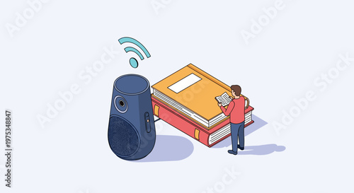 Illustration of person reading a small book while standing next to a stack of giant books and a smart speaker with wireless signal.