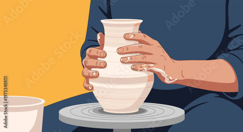 Potter hands skillfully shaping a ceramic vase on a spinning pottery wheel with wet clay and water in a craft studio workshop.