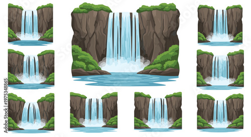 Collection of various scenic waterfall illustrations with blue water flowing down brown rocky cliffs surrounded by lush foliage.