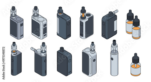 Isometric set of different electronic cigarette devices including mods pods and e-liquid bottles for vaping isolated on a white background.