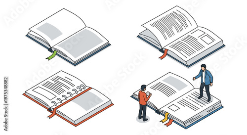Set of isometric open books showing pages and bookmarks with small human figures exploring a giant open book on a light background.