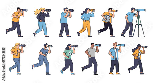 Group of diverse people standing and running while looking through binoculars and telescopes searching for something or exploring.