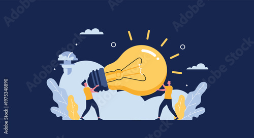 Two people working together to support and hold a massive glowing light bulb in a dark night landscape with clouds and plants.