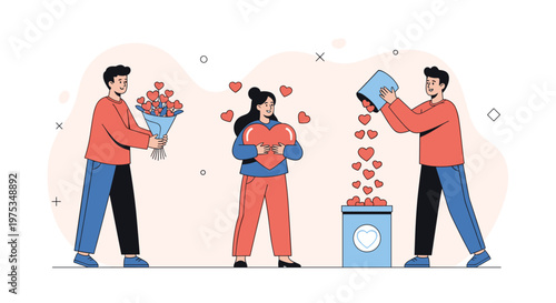 People expressing love and kindness by giving a bouquet of hearts holding a large heart and pouring small hearts into a charity box.