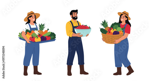 Trio of farmers dressed in overalls and hats proudly holding trays and baskets filled with a variety of fresh harvested vegetables.