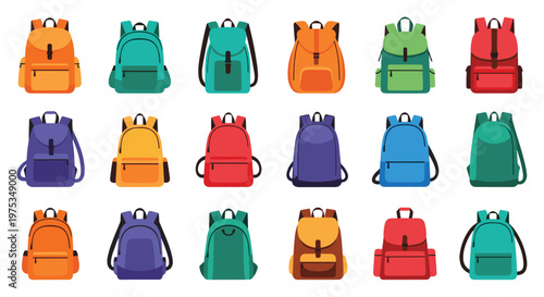 Set of eighteen different flat design backpack icons in a variety of vibrant colors and styles for school and outdoor use.